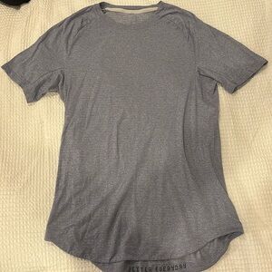 lululemon has license to train short sleeve shirt in heathered oasis blue
